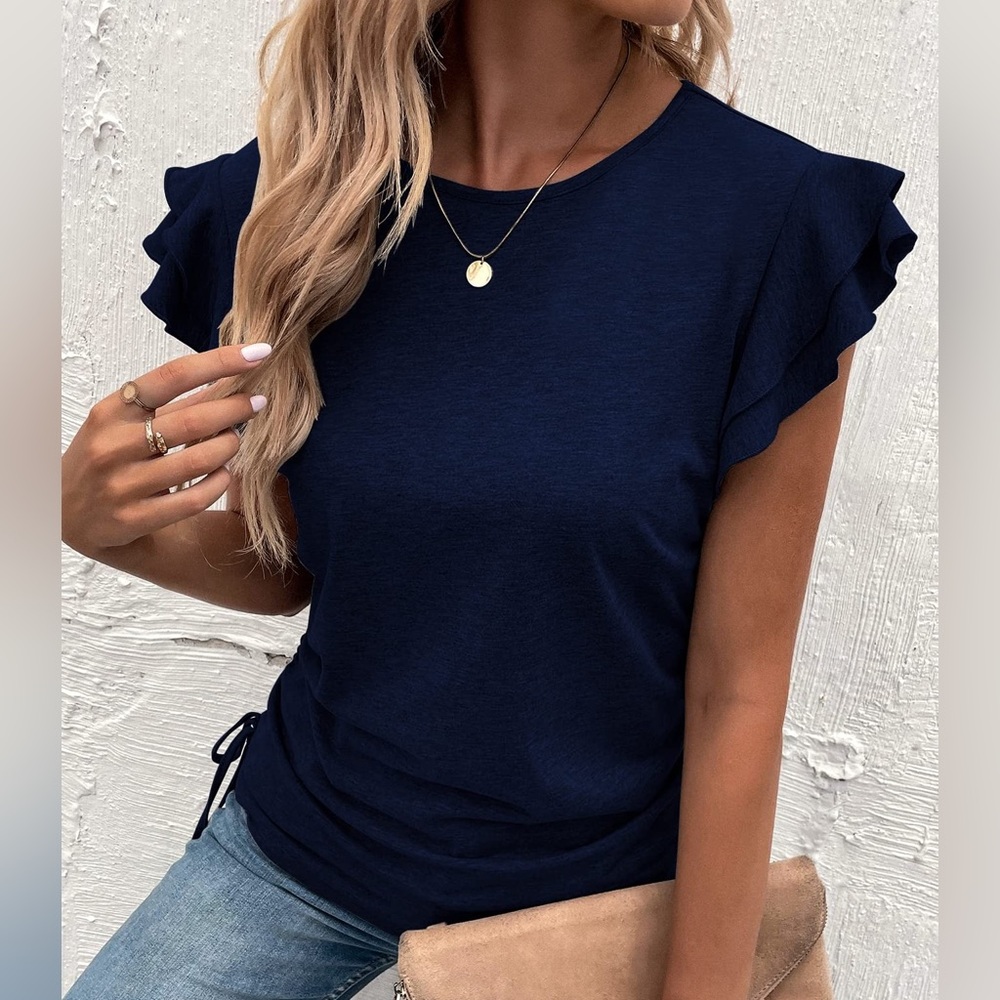 Navy blue ruffle sleeve top